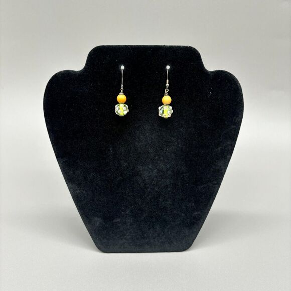 Lampwork Art Glass Earrings Yellow Green Purple Polka Dot Handmade Dangle Drop - Picture 3 of 7